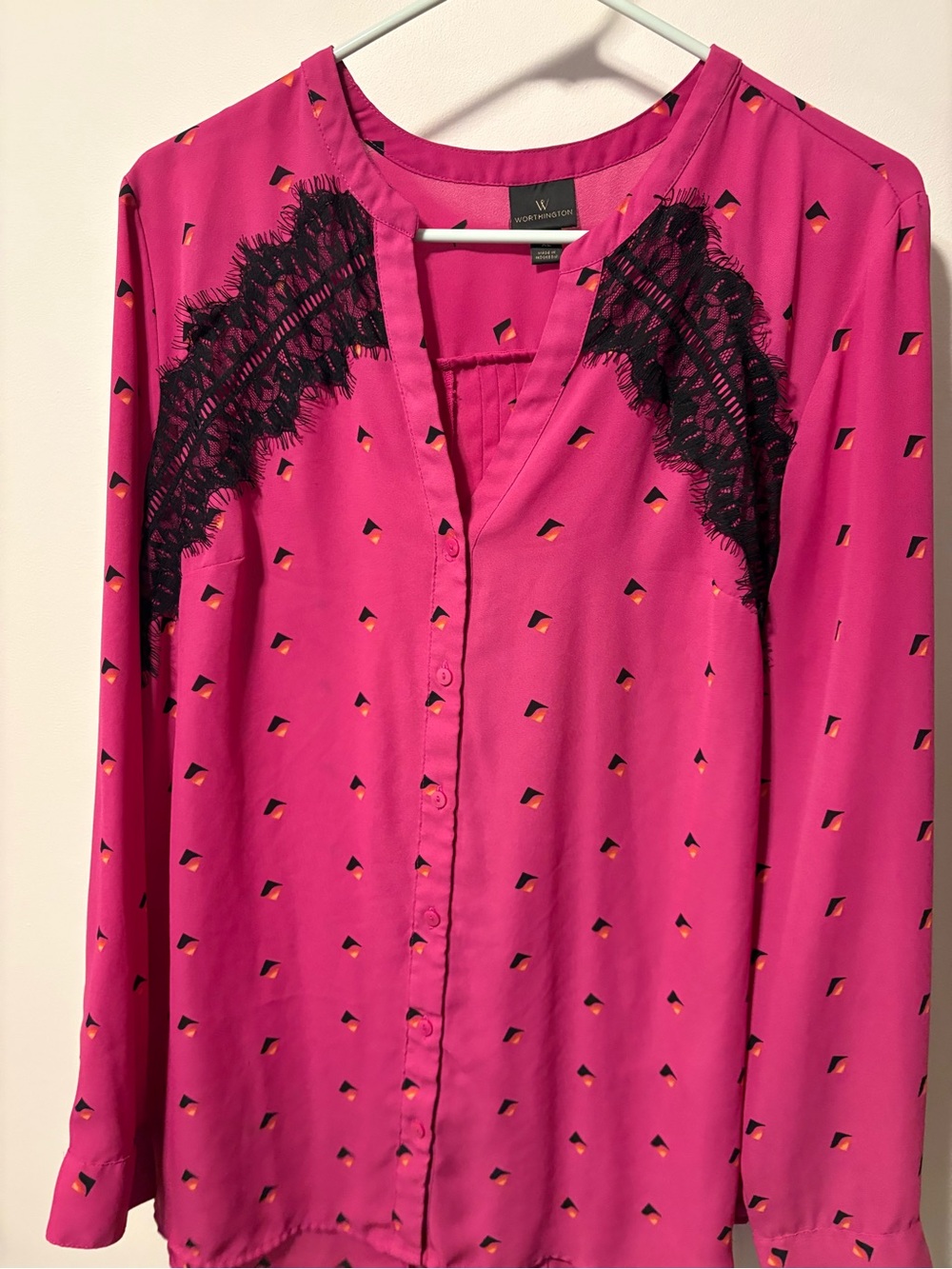 Worthington Hot Pink Blouse with Black Lace Trim
